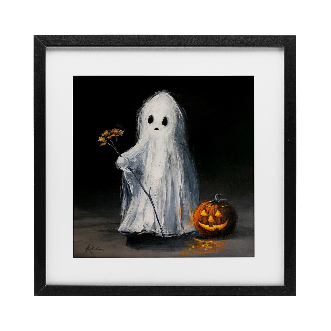 Vintage Halloween Ghost & Pumpkin Framed Print Under Glass Art